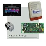 Paradox SP4000 riasztórendszer dobozzal, fekete TM50 érintőképernyős kezelő, 30VA táp, PS128